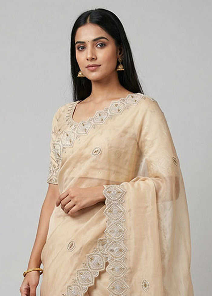 Cream Handloom Pure Organza Saree With Blouse Piece