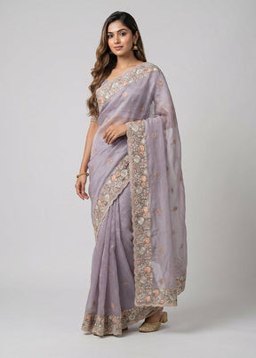 Purple Handloom Pure Organza Saree With Blouse Piece