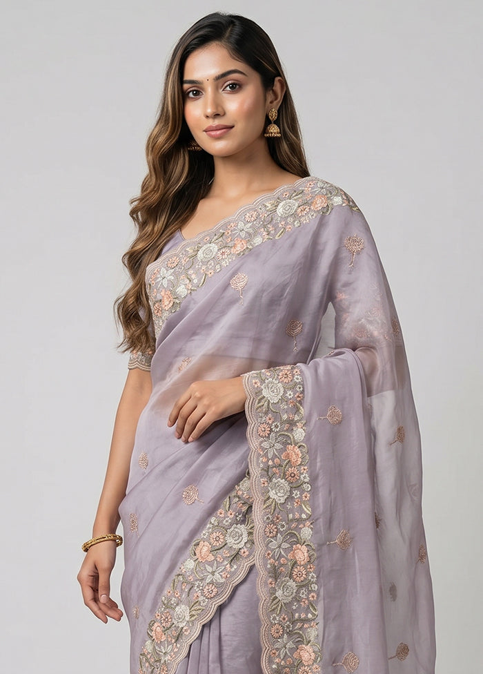 Purple Handloom Pure Organza Saree With Blouse Piece