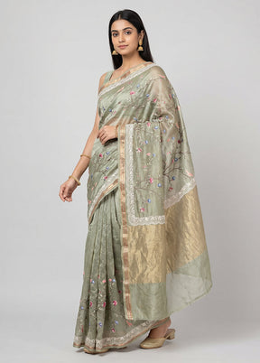 Green Handloom Pure Organza Saree With Blouse Piece
