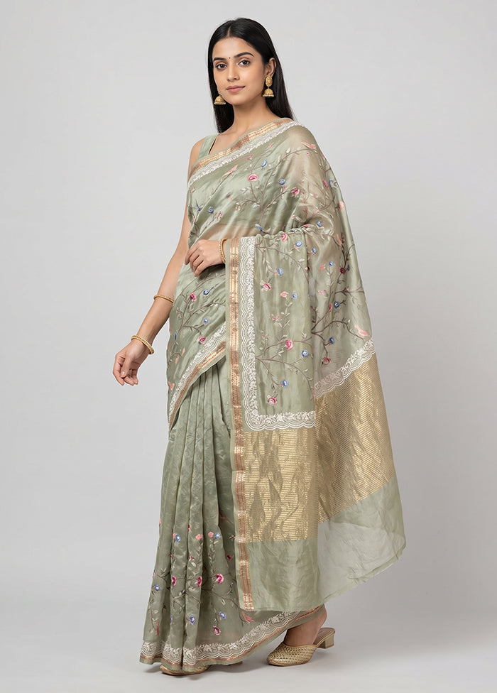 Green Handloom Pure Organza Saree With Blouse Piece