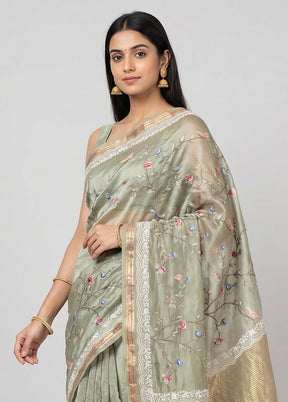 Green Handloom Pure Organza Saree With Blouse Piece