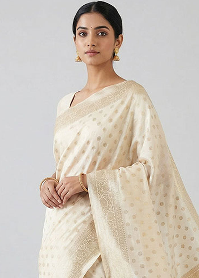 Cream Handloom Dupion Pure Silk Saree With Blouse Piece