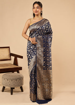 Blue Dupion Silk Saree With Blouse Piece