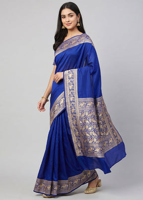 Blue Handloom Banarasi Pure Silk Saree With Blouse Piece