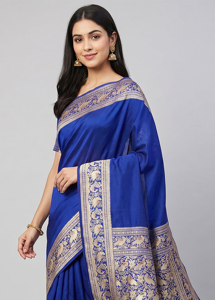 Blue Handloom Banarasi Pure Silk Saree With Blouse Piece