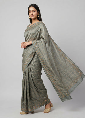 Green Handloom Tussar Pure Silk Saree With Blouse Piece