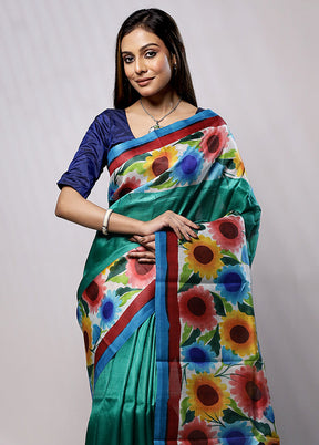 Green Printed Pure Silk Saree Without Blouse Piece - Indian Silk House Agencies