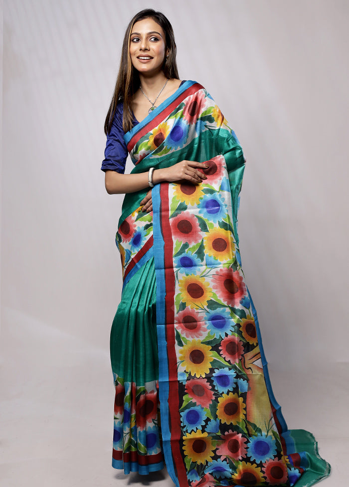 Green Printed Pure Silk Saree Without Blouse Piece - Indian Silk House Agencies
