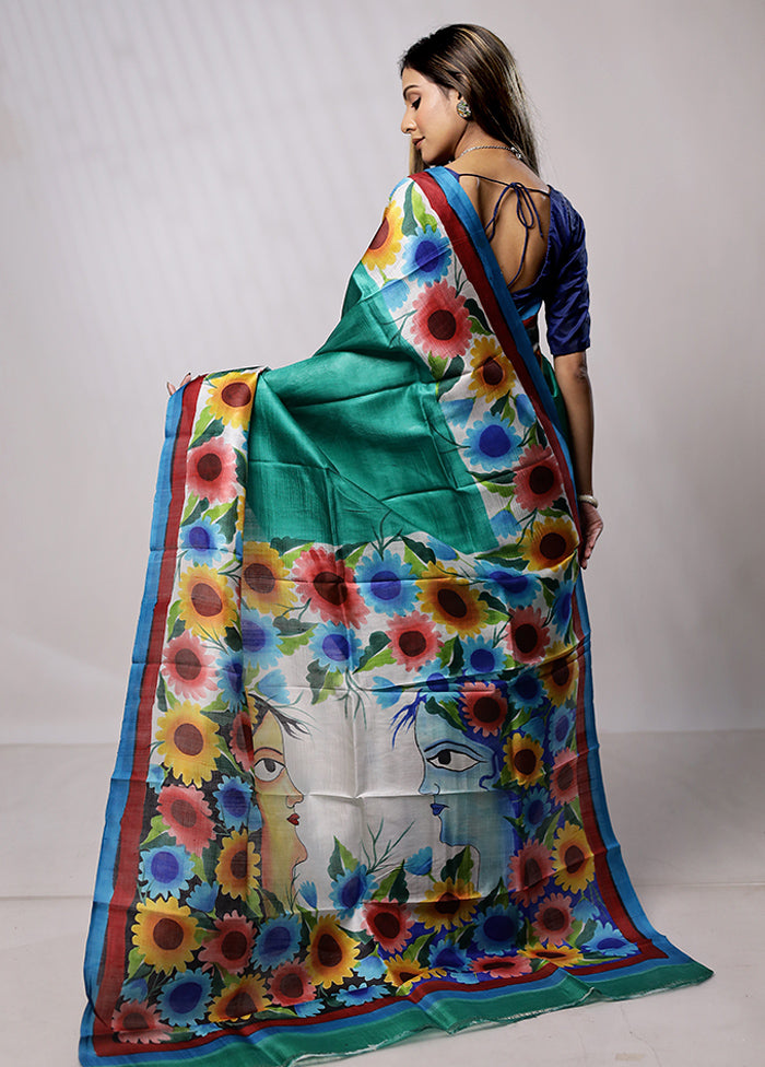 Green Printed Pure Silk Saree Without Blouse Piece - Indian Silk House Agencies