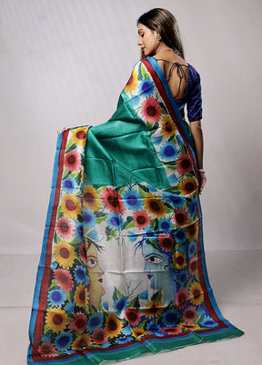 Green Printed Pure Silk Saree Without Blouse Piece - Indian Silk House Agencies