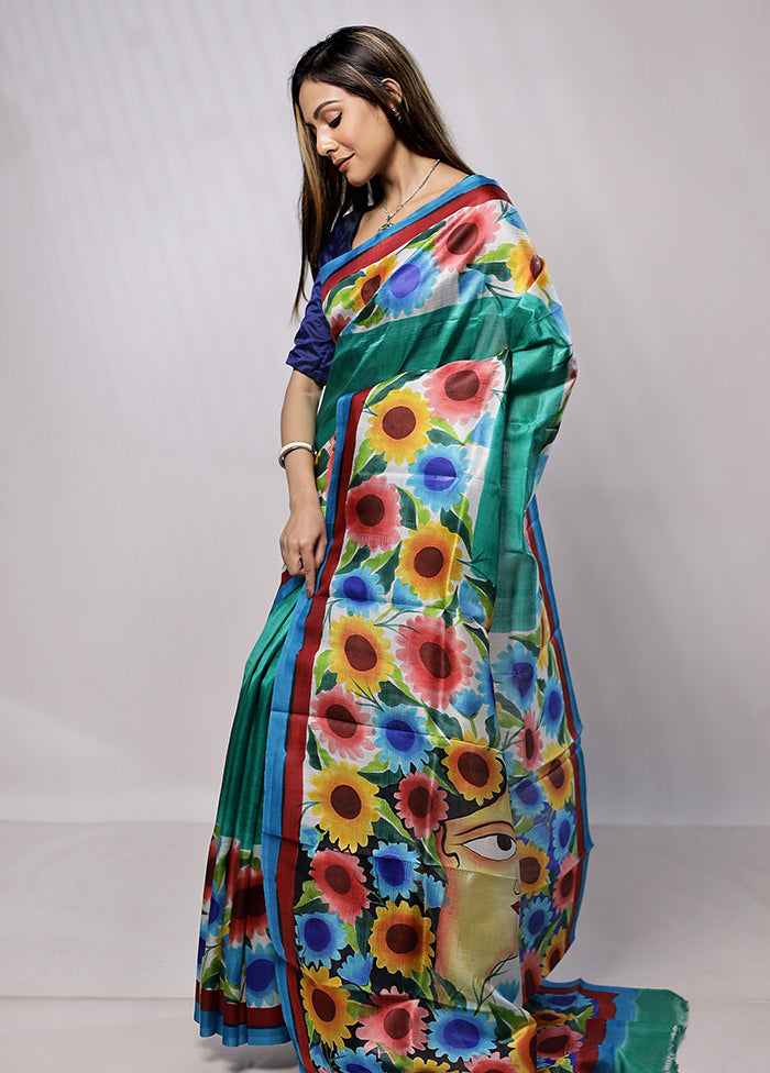 Green Printed Pure Silk Saree Without Blouse Piece - Indian Silk House Agencies