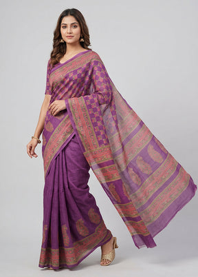 Purple Printed Pure Silk Saree Without Blouse Piece