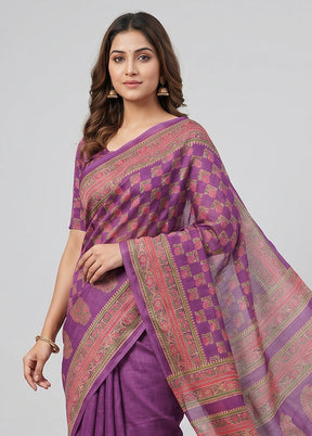 Purple Printed Pure Silk Saree Without Blouse Piece