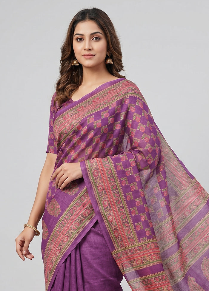 Purple Printed Pure Silk Saree Without Blouse Piece