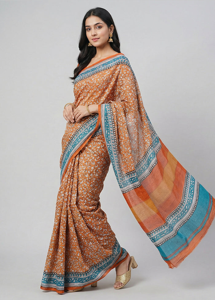 Rust Printed Pure Silk Saree Without Blouse Piece