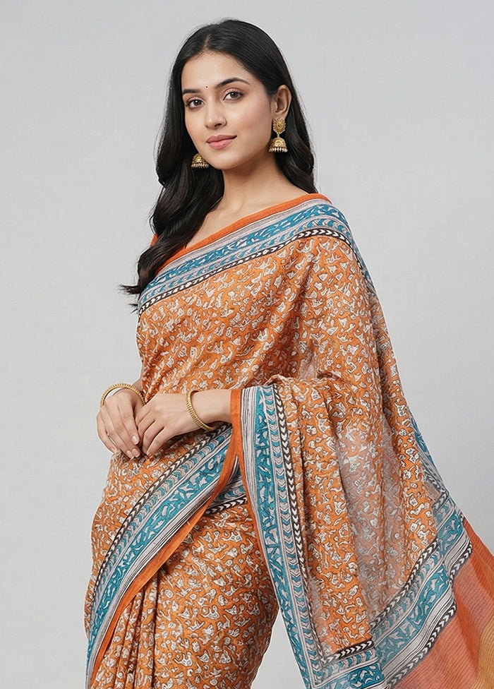 Rust Printed Pure Silk Saree Without Blouse Piece