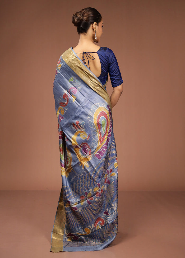 Blue Tussar Silk Saree With Blouse Piece