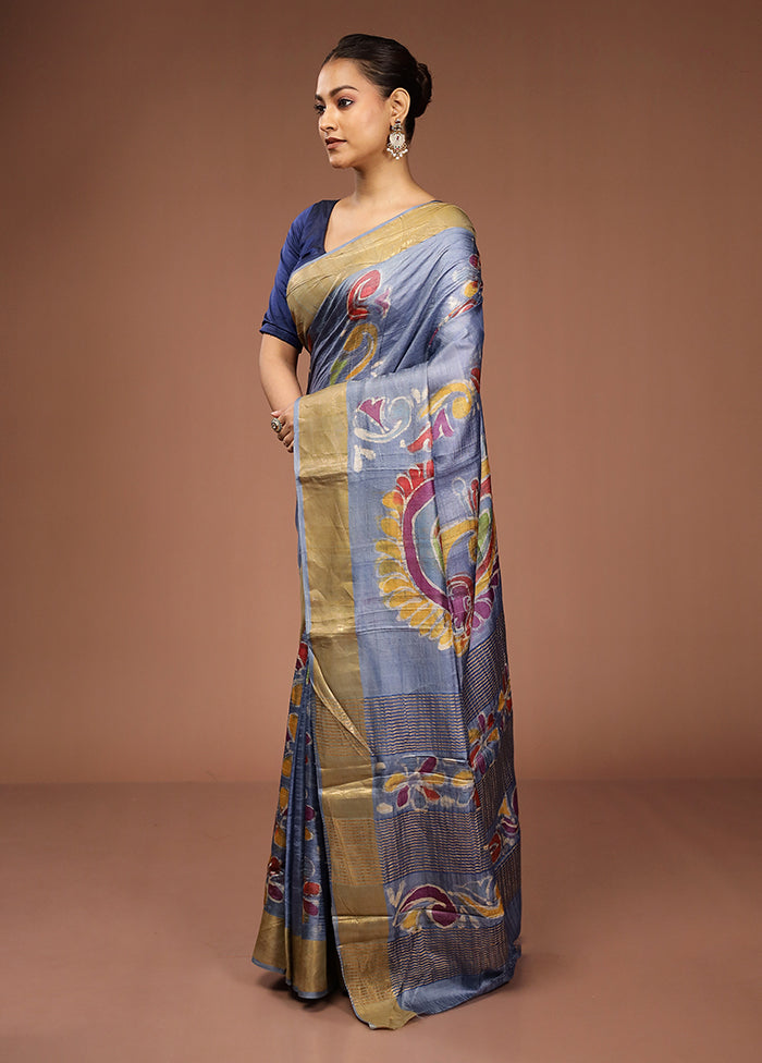 Blue Tussar Silk Saree With Blouse Piece