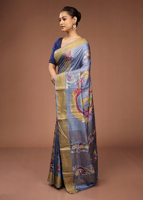 Blue Tussar Silk Saree With Blouse Piece
