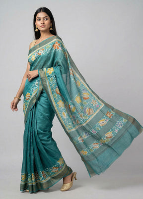 Blue Handloom Tussar Silk Saree With Blouse Piece