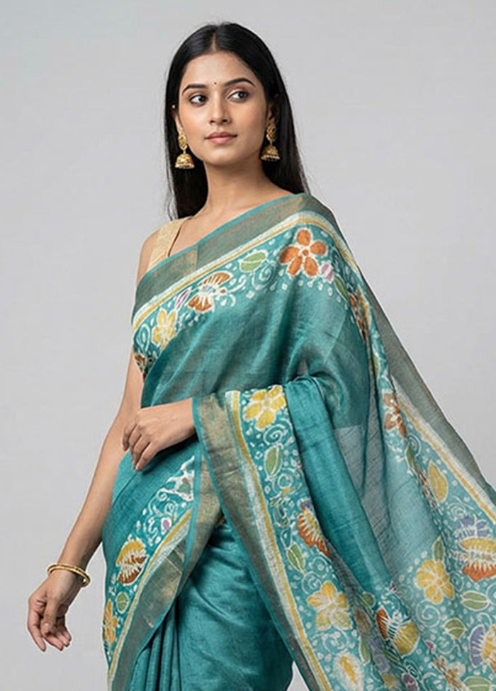 Blue Handloom Tussar Silk Saree With Blouse Piece