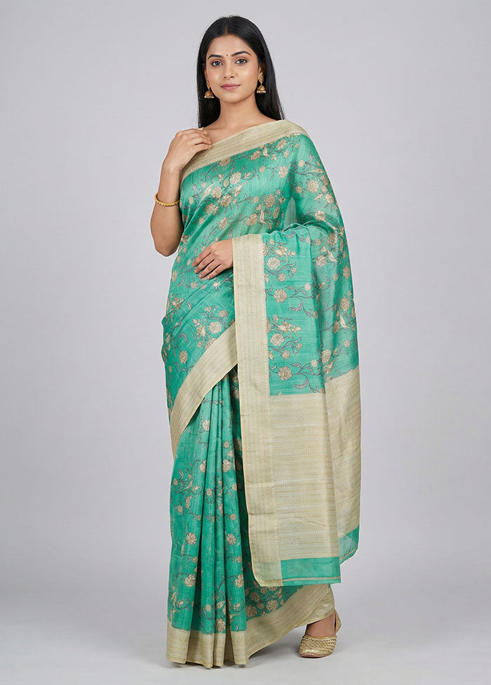 Green Printed Silk Saree Without Blouse Piece