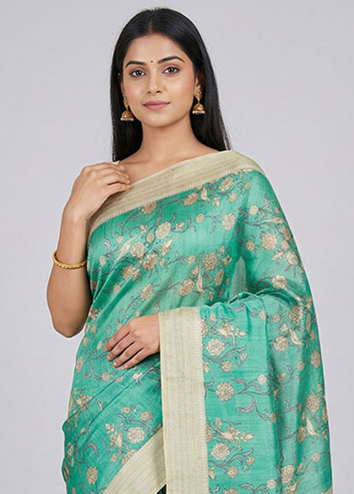 Green Printed Silk Saree Without Blouse Piece