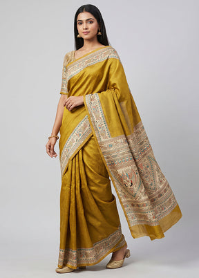Yellow Printed Silk Saree Without Blouse Piece