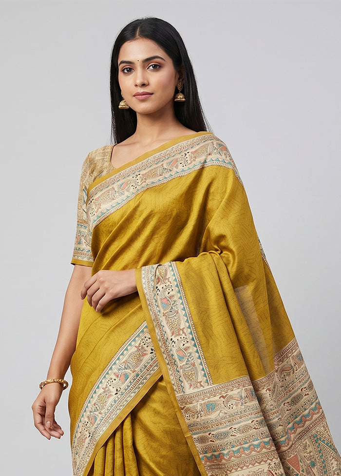 Yellow Printed Silk Saree Without Blouse Piece