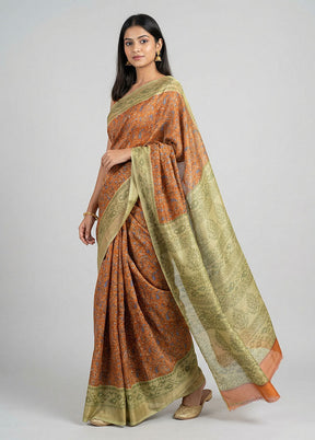 Cream Printed Silk Saree Without Blouse Piece