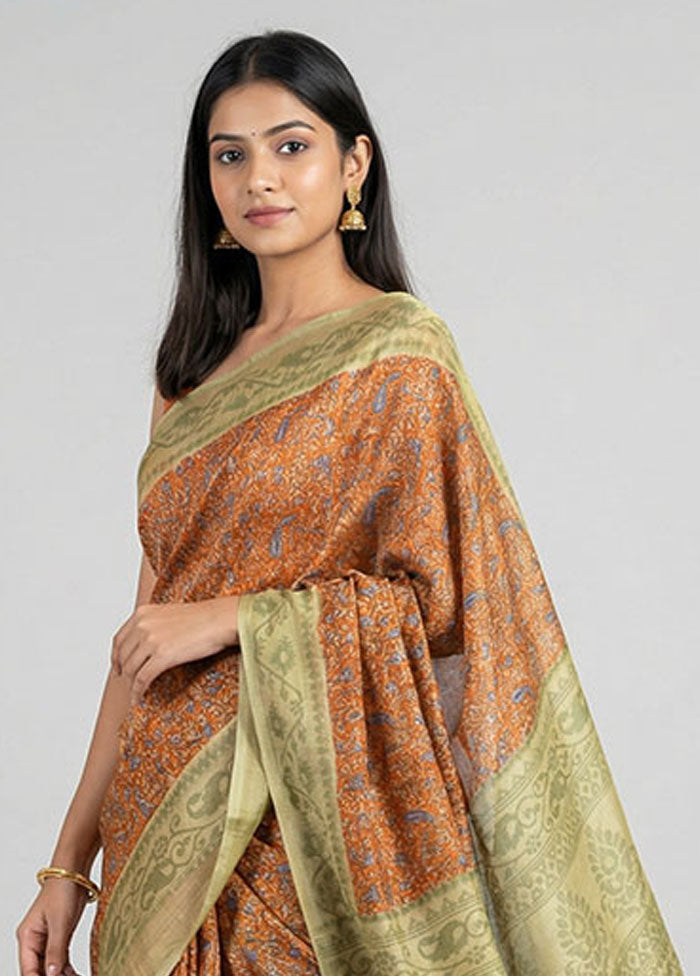 Cream Printed Silk Saree Without Blouse Piece
