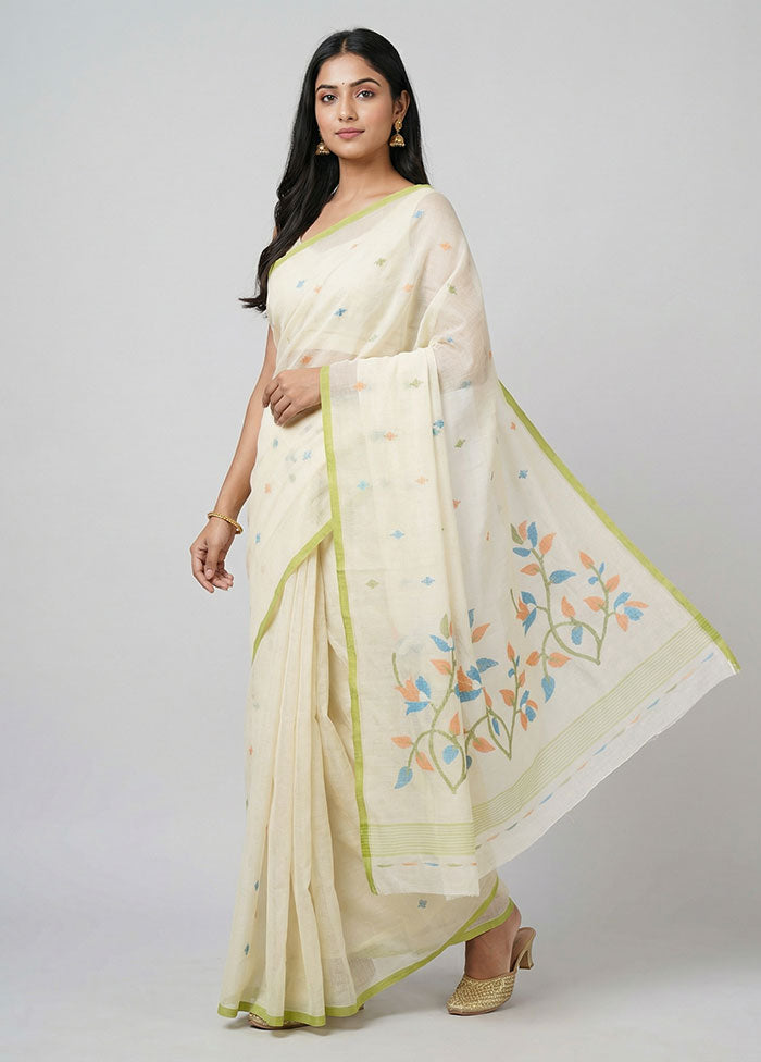 White Jamdani Cotton Saree Without Blouse Piece