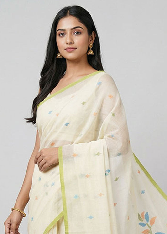 White Jamdani Cotton Saree Without Blouse Piece
