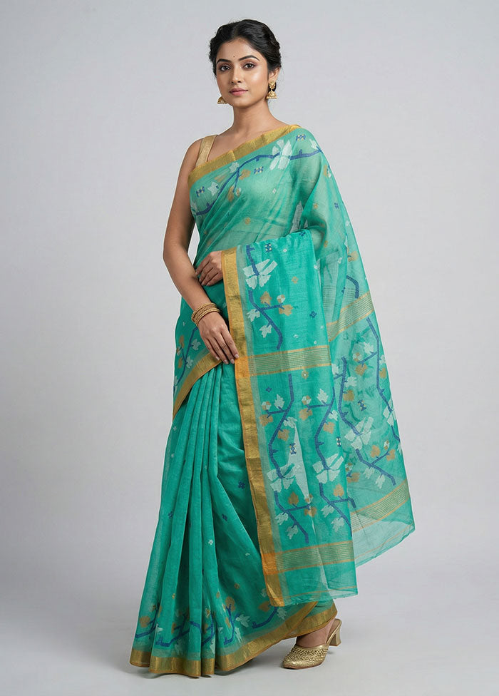 Green Pure Cotton Jamdani Saree Without Blouse Piece