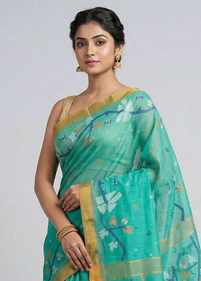 Green Pure Cotton Jamdani Saree Without Blouse Piece
