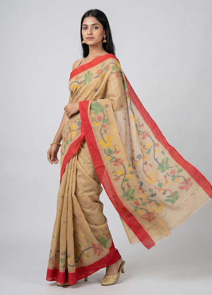 Cream Pure Cotton Jamdani Saree Without Blouse Piece