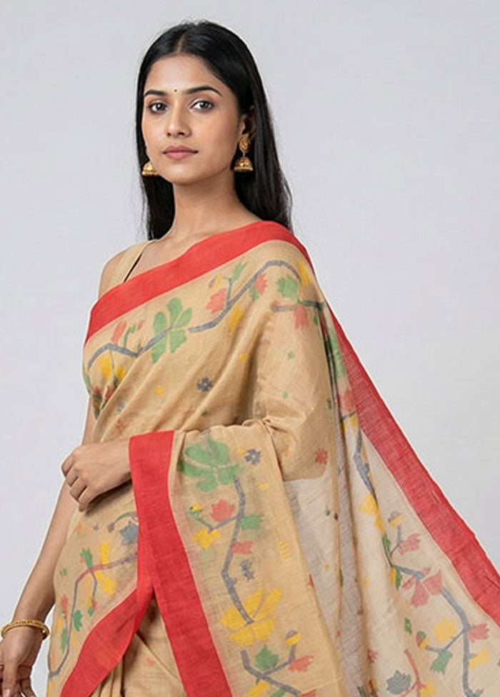 Cream Pure Cotton Jamdani Saree Without Blouse Piece