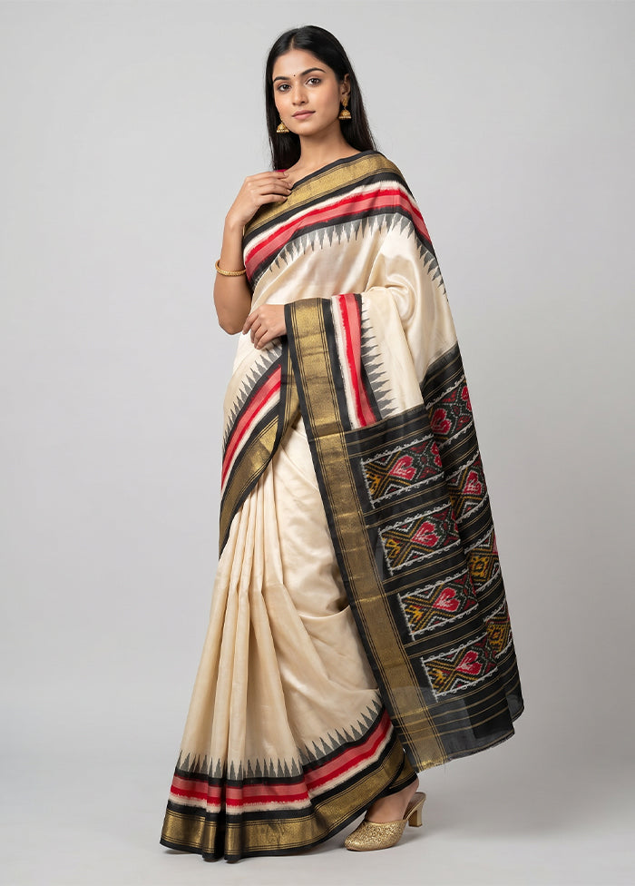 Cream Handloom Ikkat Pure Silk Saree With Blouse Piece