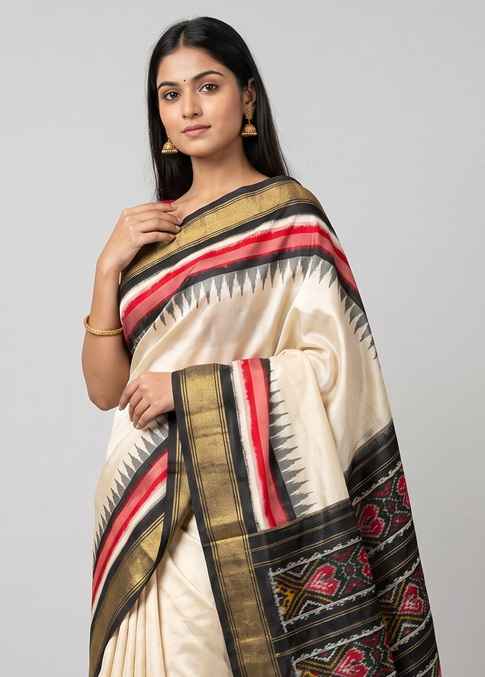 Cream Handloom Ikkat Pure Silk Saree With Blouse Piece