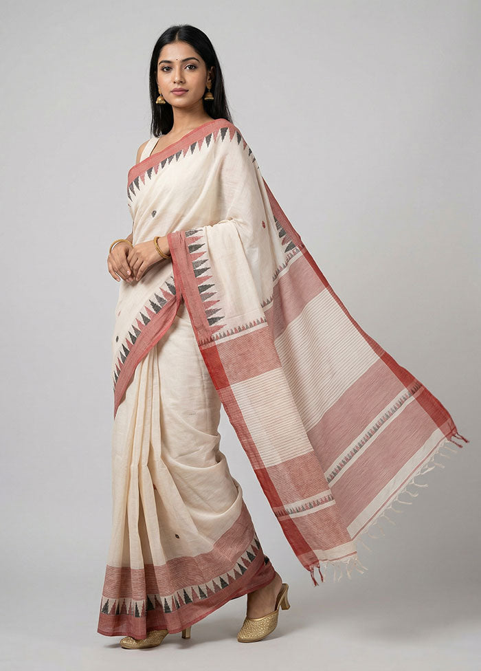 White Khadi Cotton Saree With Blouse Piece