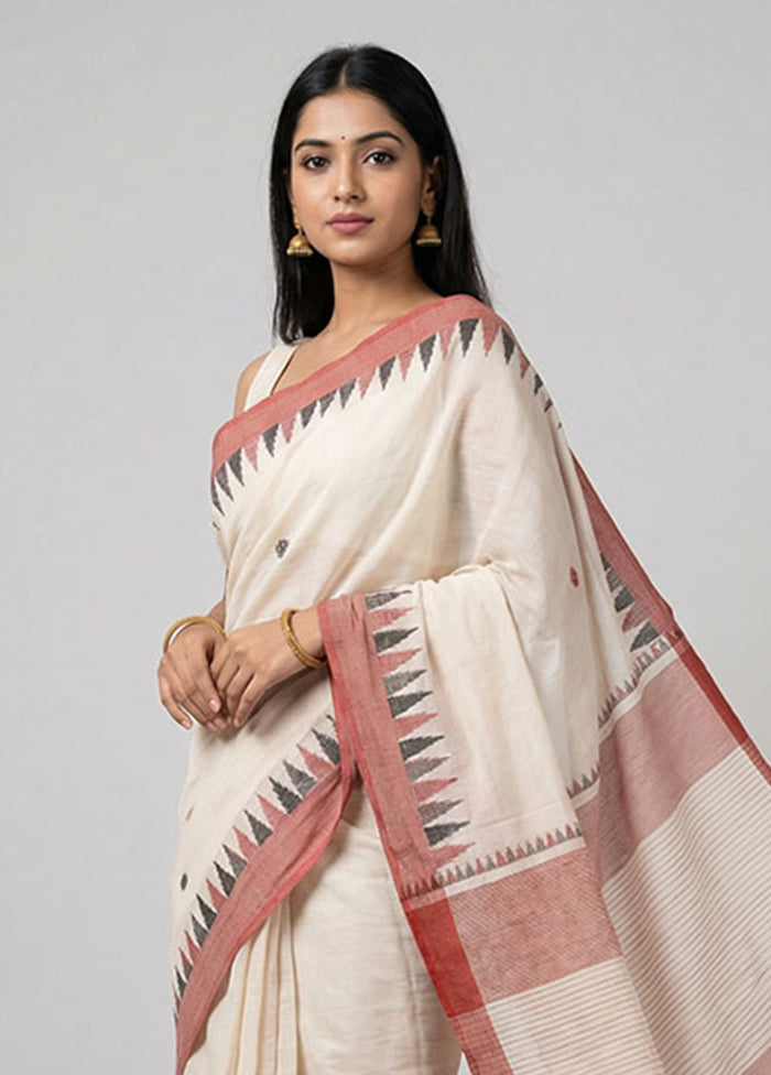 White Khadi Cotton Saree With Blouse Piece