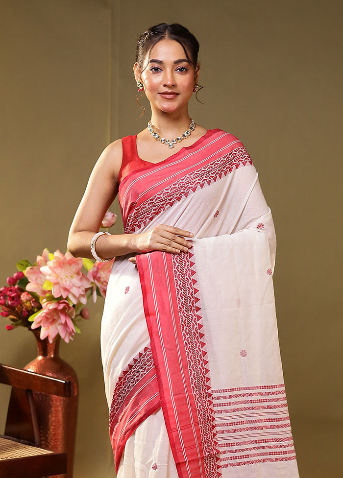 White Khadi Cotton Saree With Blouse Piece