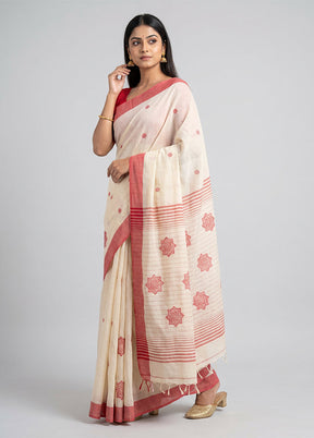 White Khadi Cotton Saree With Blouse Piece