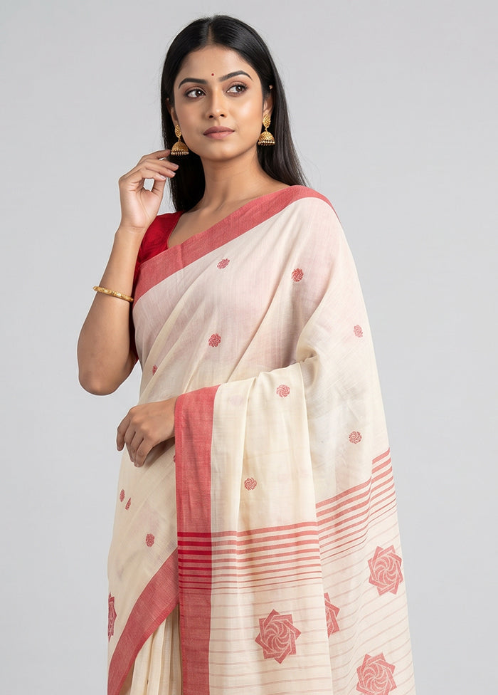 White Khadi Cotton Saree With Blouse Piece