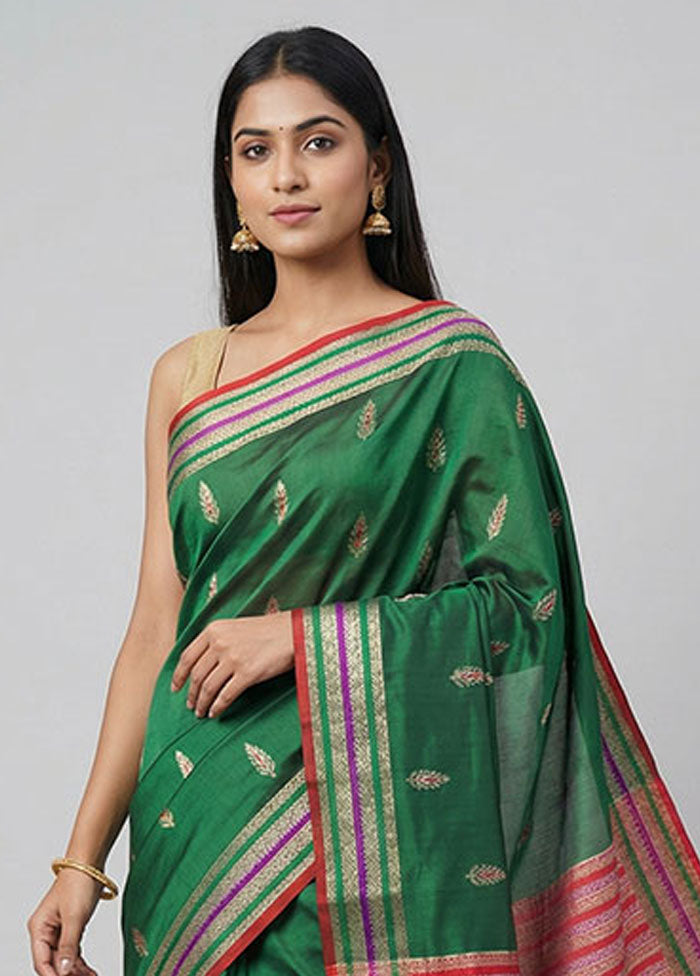 Green Handloom Katan Pure Silk Saree With Blouse Piece