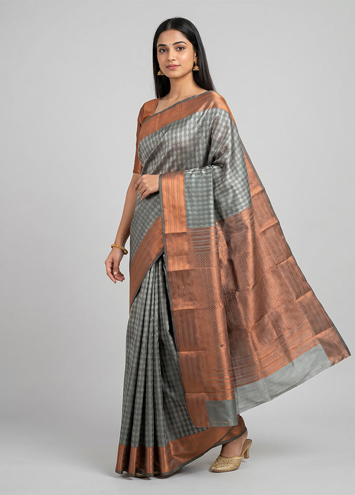 Grey Kanjivaram Silk Saree With Blouse Piece