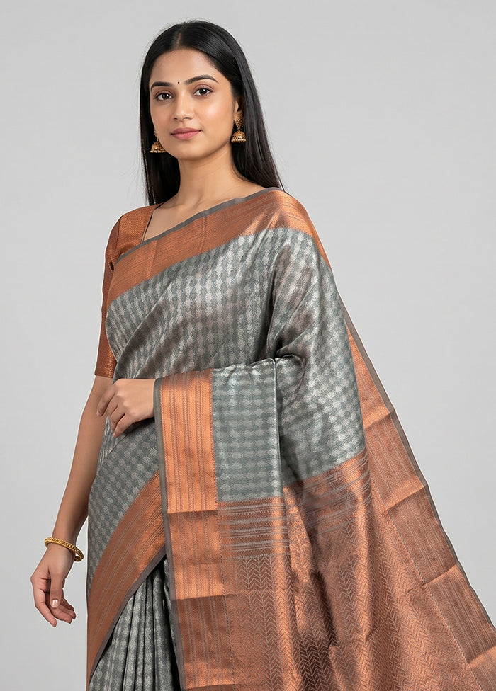 Grey Kanjivaram Silk Saree With Blouse Piece