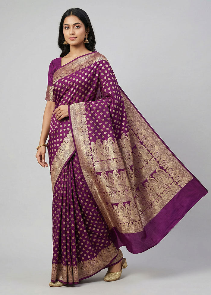 Purple Handloom Banarasi Pure Silk Saree With Blouse Piece