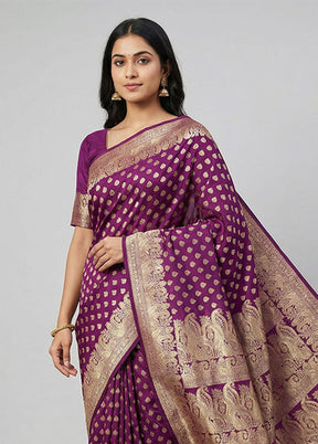 Purple Handloom Banarasi Pure Silk Saree With Blouse Piece
